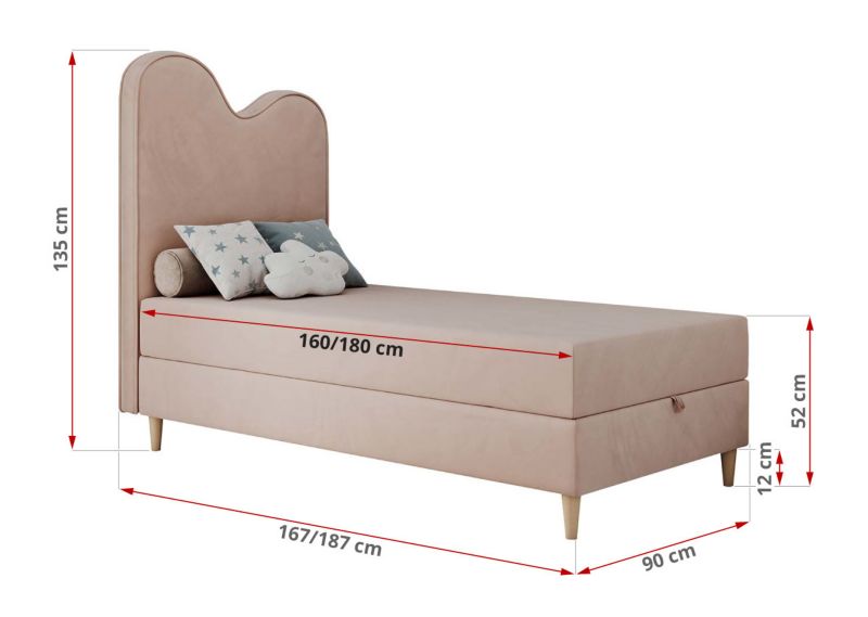 Łóżko młodzieżowe MKS Meble FLOW 90x180 H3 różowy welwet topper T25 1szt.
