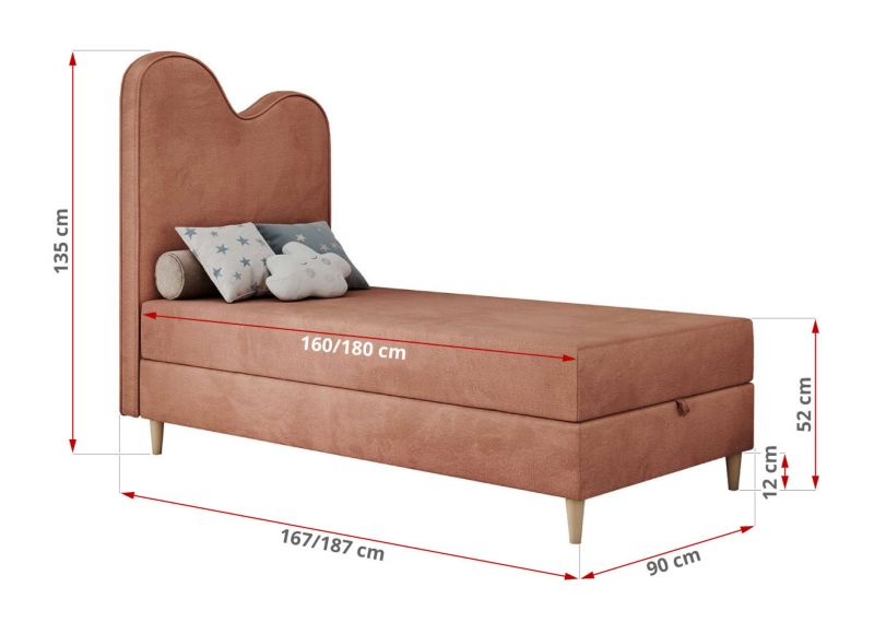 Łóżko młodzieżowe MKS Meble FLOW 90x180 H3 różowy welwet topper Visco 1szt.