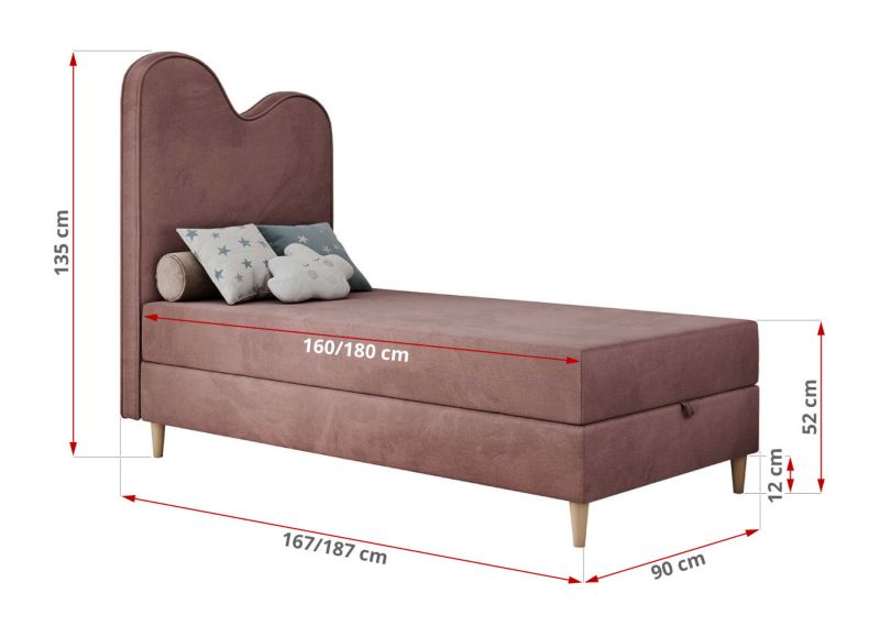 Łóżko młodzieżowe MKS Meble FLOW 90x180 H3 różowy welwet topper Visco 1szt.