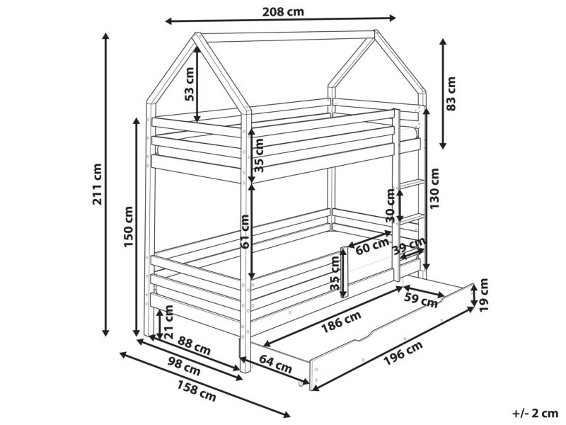 Łóżko piętrowe z szufladami Domek Drewno Girgols 90 x 200 cm ze schowkiem Biały 1 szt.