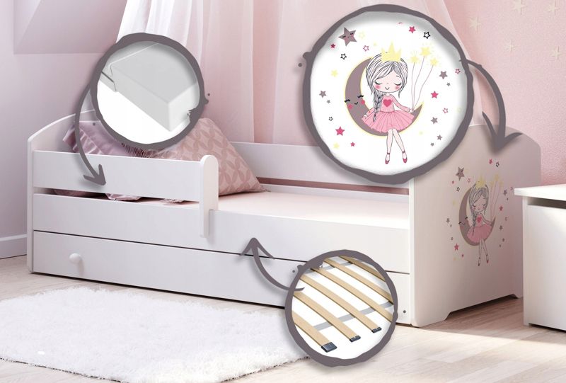 Łożko dziecięce Kobi LUK z szufladą i barierką 160x80 Kobi Śpiąca księżniczka 1 szt.