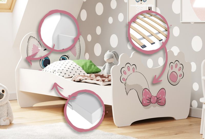 Łożko pojedyncze Kobi Pink Cat 140x70 z materacem 1 szt.