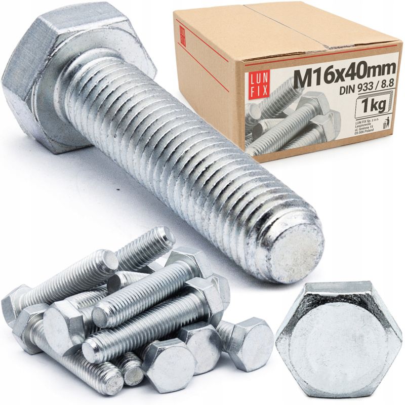 Śruba sześciokątna Lun Fix M16 40 mm DIN 933 kl. 8.8 1kg