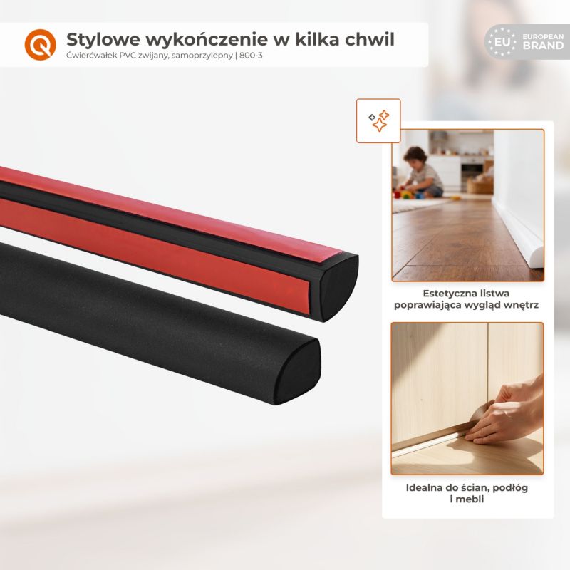 Ćwierćwałek Samoprzylepny QUEST PCV 15 mm, Listwa ozdobna, 3 m, biały, 1 szt.