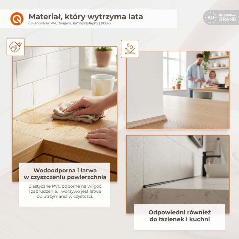 Ćwierćwałek Samoprzylepny QUEST PCV 15 mm, Listwa ozdobna, 3 m, biały, 1 szt.