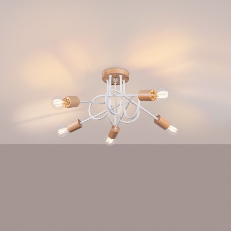 Żyrandol Sollux Lighting Ember biały naturalne drewno  5 x E27 x 20W IP20 wym: 26 x 15 x 61 cm - 1 szt.