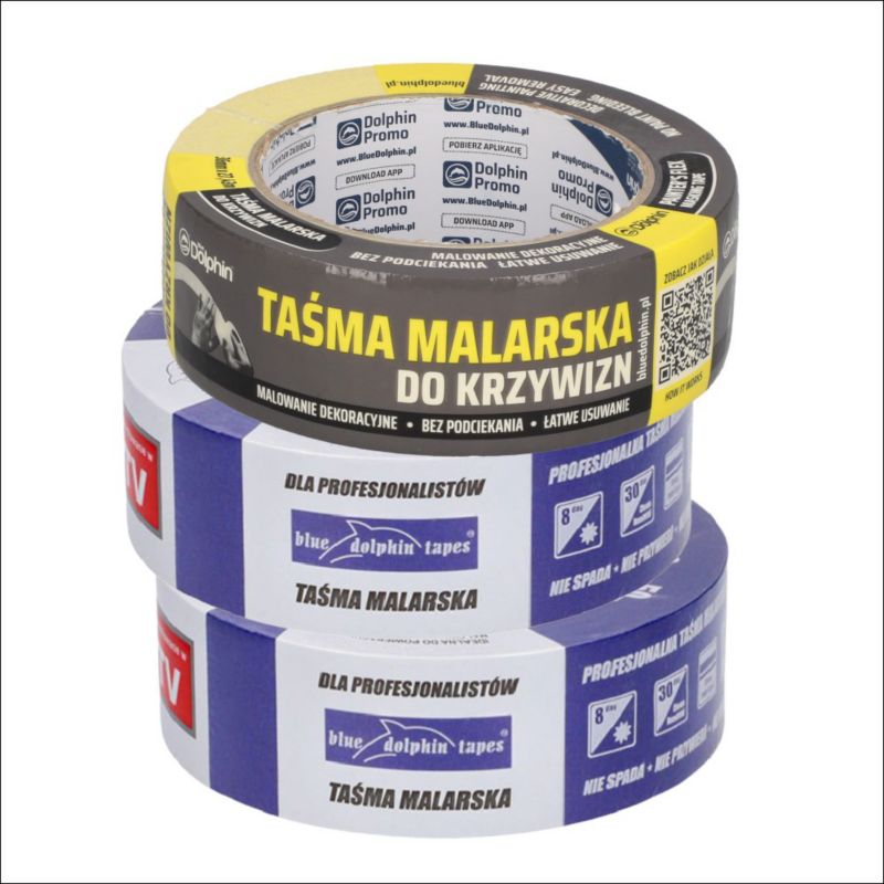 3 Pak Taśm malarskich Blue Dolphin: 1 szt. taśma do krzywizn 36mm x 27,42m + 2 szt. niebieska malarska 38mm x 50m