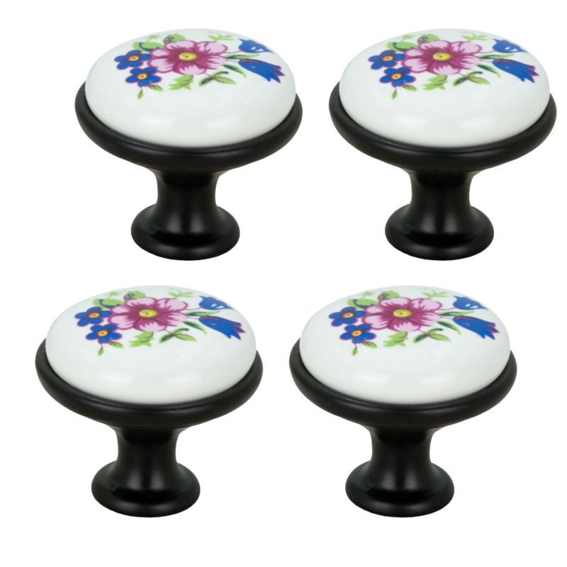 4 x Gałka meblowa okrągła czarna z ceramiką i wzorem retro kwiaty 4 szt