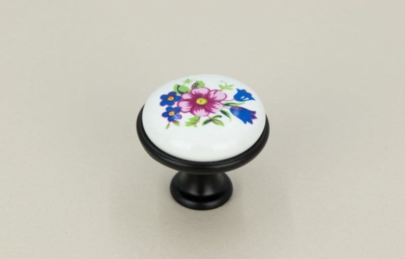 4 x Gałka meblowa okrągła czarna z ceramiką i wzorem retro kwiaty 4 szt