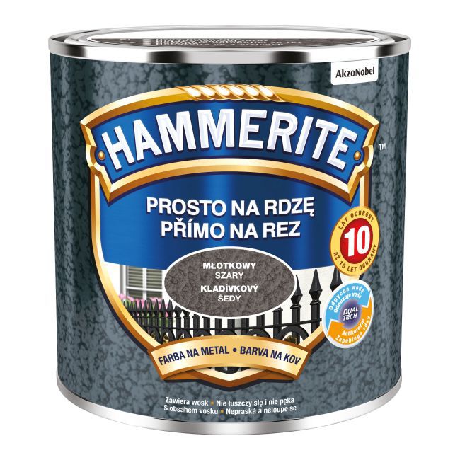 Farba do metalu Hammerite Prosto Na Rdzę młotkowy szary 0,25 l