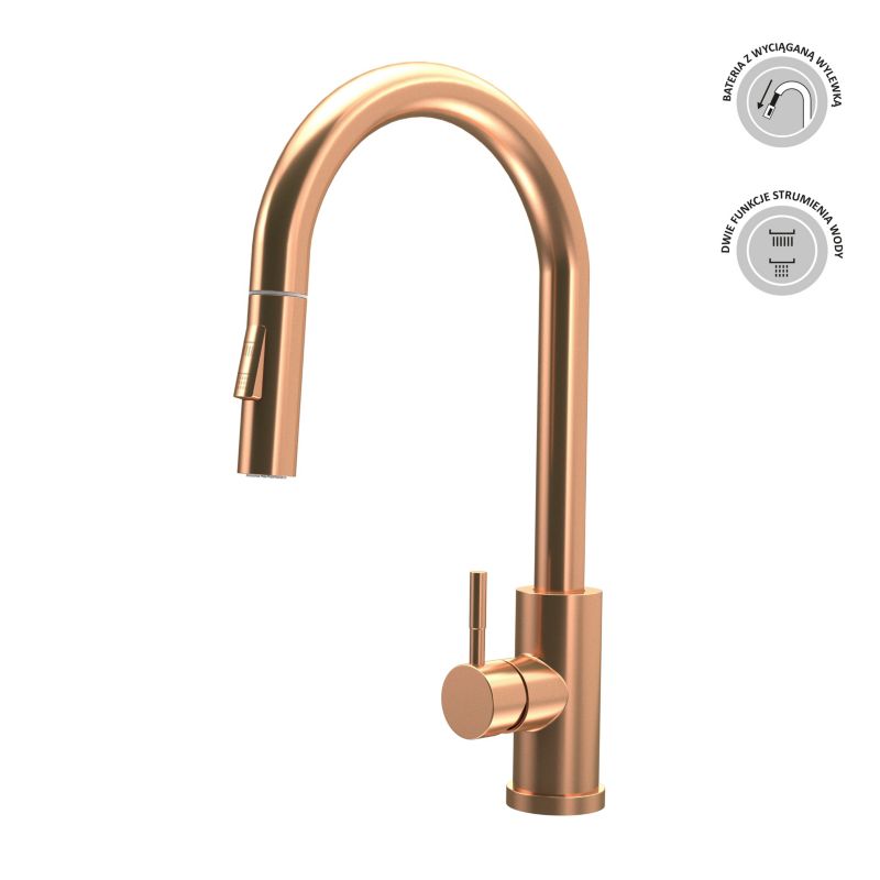 Bateria zlewozmywakowa Milo Tira z wyciąganą wylewką miedziana