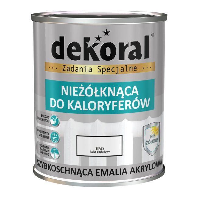 Emalia do kaloryferów Dekoral Nieżółknąca biała satynowa 0,75 l