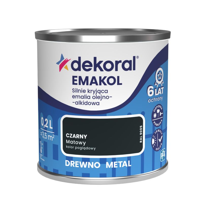 Emalia olejno-alkidowa Dekoral Emakol do drewna i metalu czarny mat 0,2 l