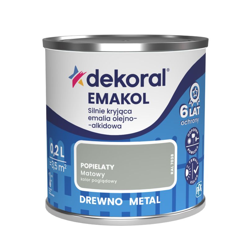 Emalia olejno-alkidowa Dekoral Emakol do drewna i metalu popielaty mat 0,2 l