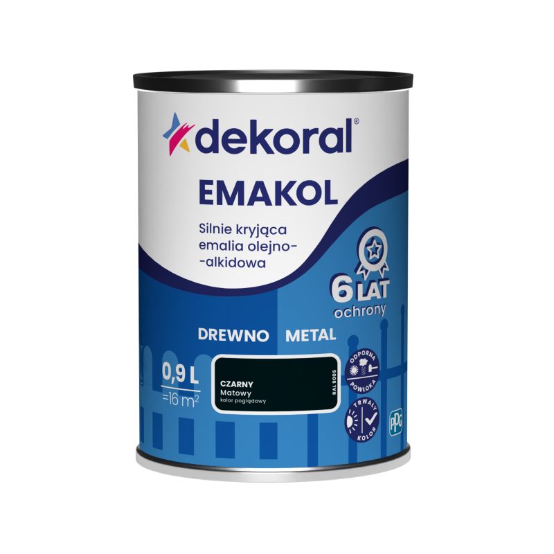 Emalia olejno-alkidowa Dekoral Emakol do drewna i metalu czarny mat 0,9 l