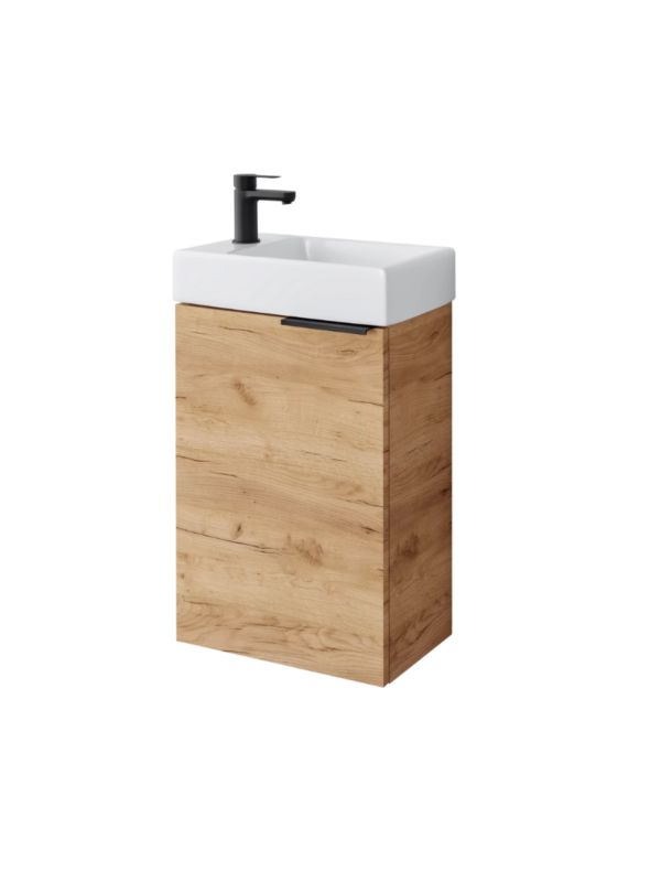 Zestaw szafka łazienkowa z umywalką ceramiczną Uptrend Fika 40 cm, drzwi, wisząca, dąb craft złoty 1 kpl.
