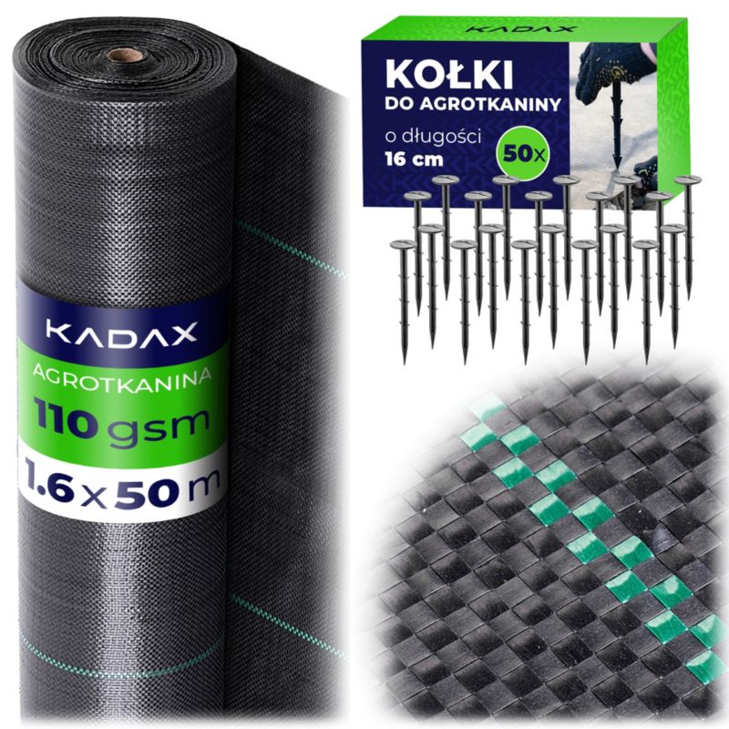 Agrotkanina KADAX ogrodowa 110g 1.6 x 50 m do sadzenia czarna UV + 50 kołków, 1 szt.