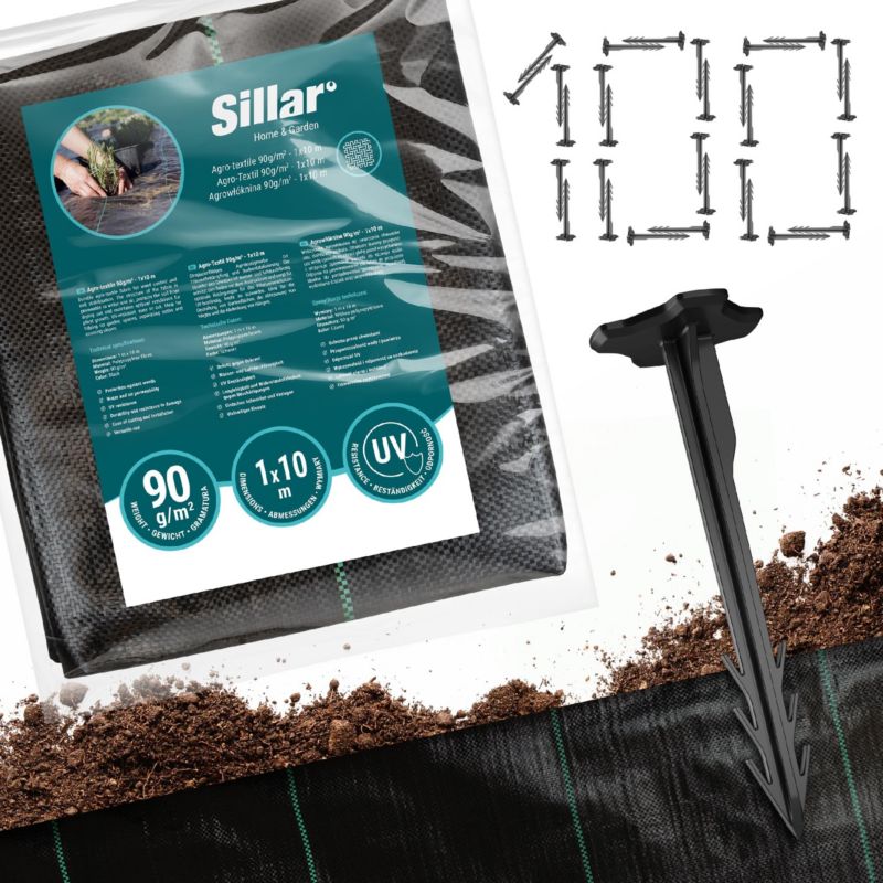 Agrotkanina, Sillar, antychwastowa, 90g/m2, 1x10m + Kotwy gruntowe, 100szt, 12cm, zestaw, 2szt