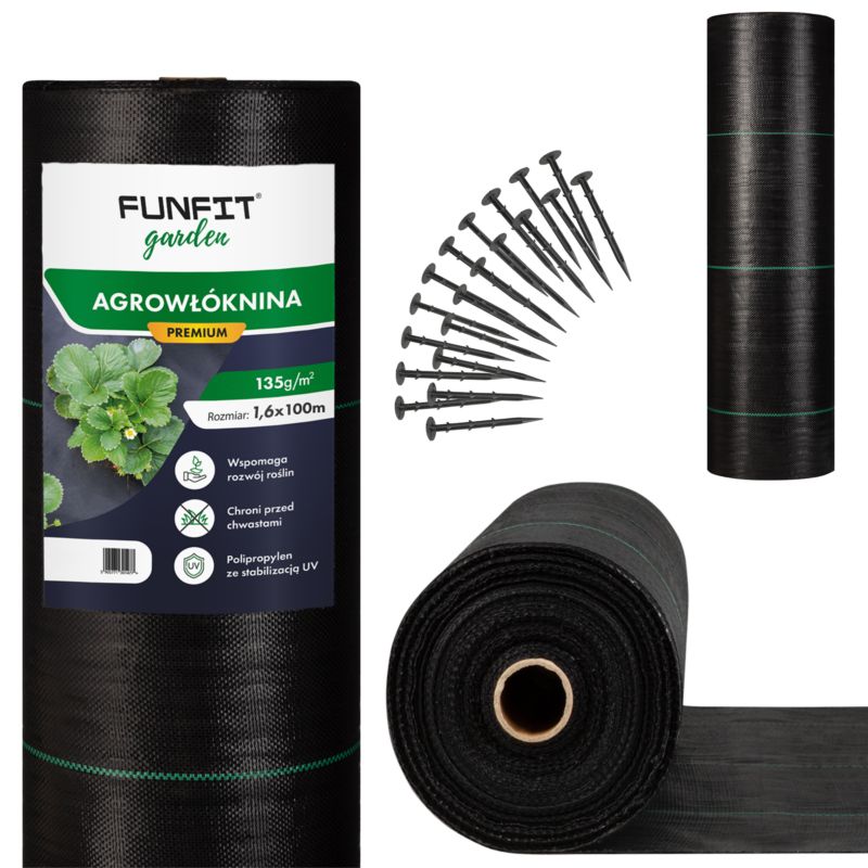 Agrowłóknina FUNFIT GARDEN 135g/m² czarna mata antychwastowa 1,6x100m +50 szpilek 1szt.