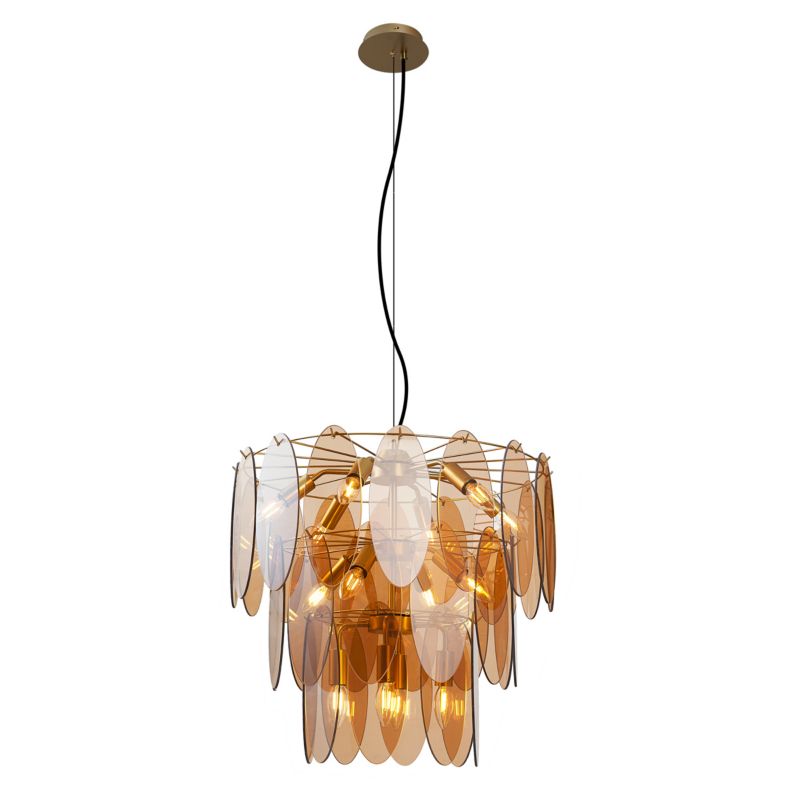 Artdeco lampa wisząca z kloszem (1 punkt) do stołu jadalnego Qazqa Mochan 55 bursztynowy okrągły max 10W E14 z 14 punktami 1 szt.