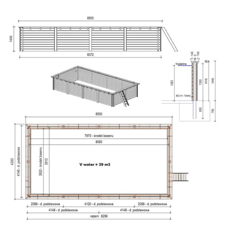 Basen drewniany Aqua ALTANKA 8,5x4,35 - H.1,45 m - z filtracją, BAS7309OSPU, 1szt.