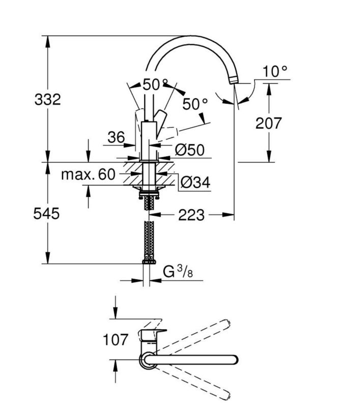 Kuchyňská baterie Grohe BauEdge, vysoký výtok StarLight Chrome, otočný o 360°, 1 ks.