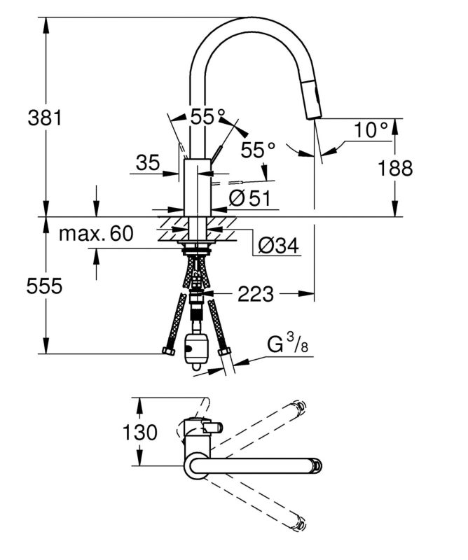 Kuchyňská stojánková baterie Grohe, výsuvný výtok, chrom, otáčení o 360 stupňů, model 31481001, 1 ks.