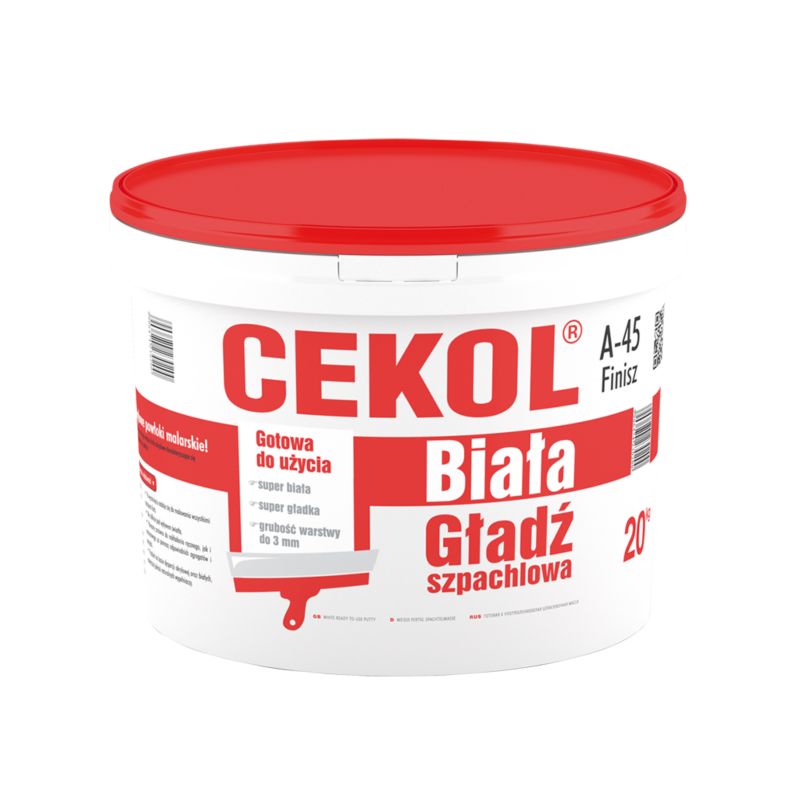 Biała gładź szpachlowa Cekol A-45 Finisz 20 kg