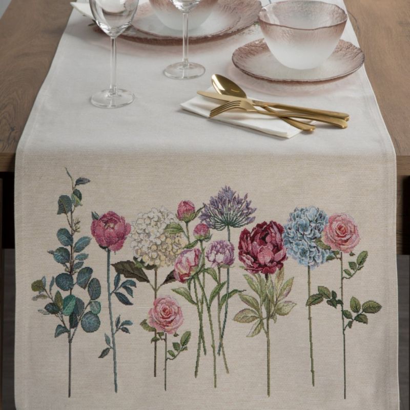Bieżnik gobelinowy 1242/NAT Eurofirany 50 x 110 cm naturalno, ciemnoróżowy z nadrukiem letnich kwiatów 1 szt.