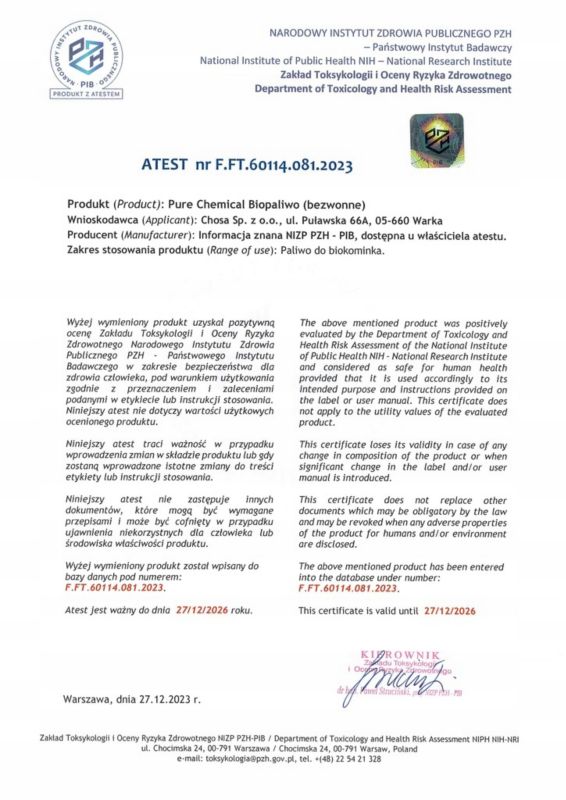Bioetanol biopaliwo do biokominka Pure Chemical atest bezpieczny 1l 1 szt.