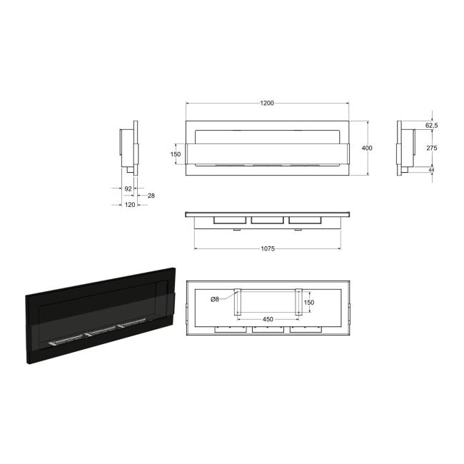 Biokominek wiszący z szybą 1200 x 400 mm czarny połysk