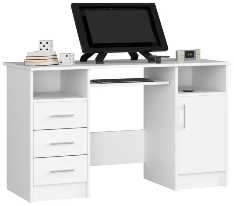 Psací stůl Akord Ana, bílý 124 cm, počítačový stůl, 1 dvířka, 3 zásuvky, matná bílá barva, 5 polic 124x52x74 cm 1 ks.