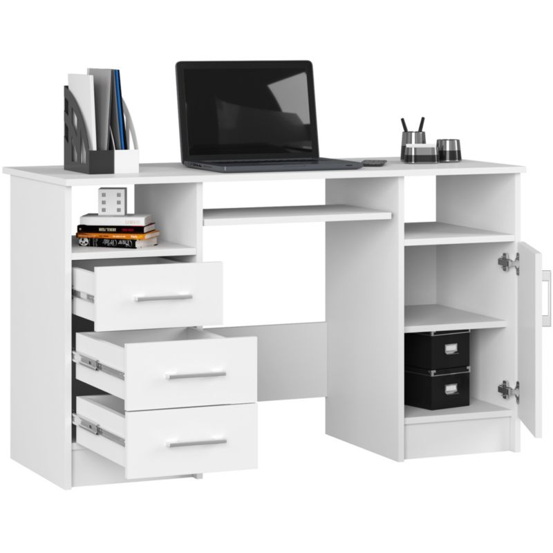 Psací stůl Akord Ana, bílý 124 cm, počítačový stůl, 1 dvířka, 3 zásuvky, matná bílá barva, 5 polic 124x52x74 cm 1 ks.