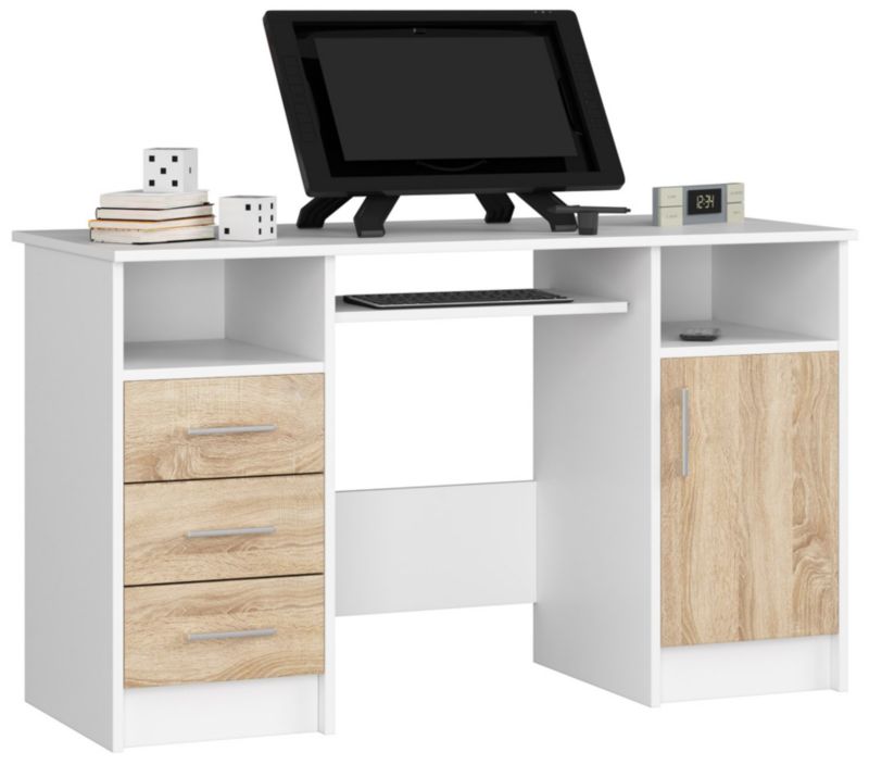 Psací stůl Akord Ana, Bílá 124 cm, počítačový stůl, 1 dvířka, 3 zásuvky, barva Dub sonoma, mat, 5 polic, 124x52x74 cm, 1 ks.