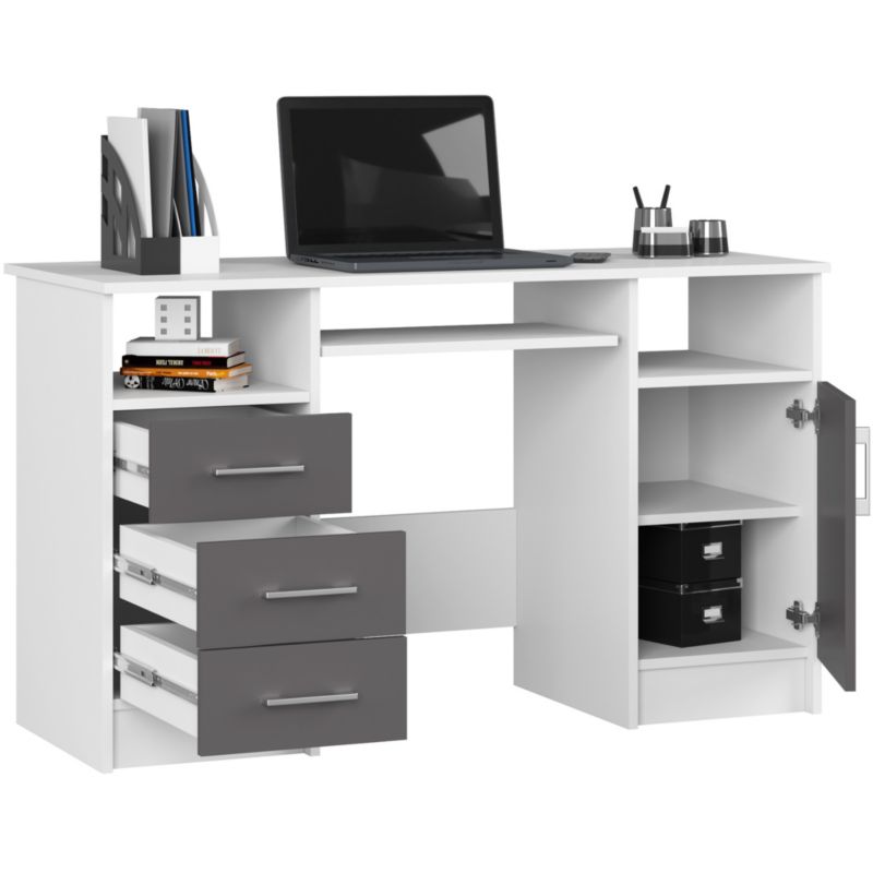 Psací stůl Akord Ana, Bílá 124 cm, počítačový stůl, 1 dvířka, 3 zásuvky, barva Graphite Grey matná, 5 polic 124x52x74 cm 1 ks.
