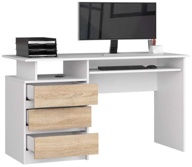 Biurko Akord CLP Białe 135 cm 3 szuflady kolor Dąb Sonoma mat 2 półki 135x60x77 cm 1 szt.