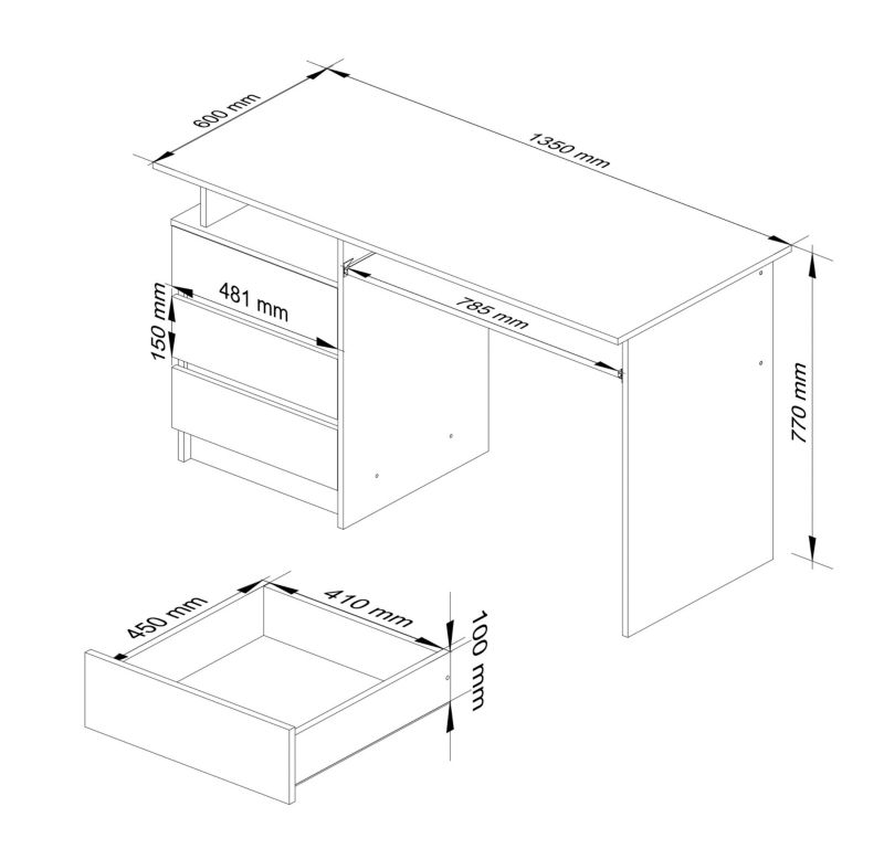 Biurko Akord CLP Białe 135 cm 3 szuflady kolor Dąb Sonoma mat 2 półki 135x60x77 cm 1 szt.