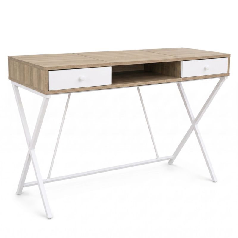 Biurko industrialne komputerowe AKORD Dąb Sonoma CROSSLINE 120 cm 2 szuflady 1 półka Białe nogi 1 szt.