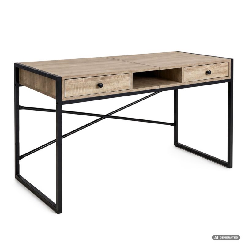 Biurko industrialne komputerowe AKORD Dąb Sonoma ELONIS 123 cm 2 szuflady 1 półka Czarne nogi 1 szt.