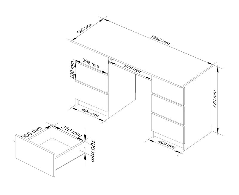 Počítačový stůl Akord A11 Dub Sonoma 135 cm 6 zásuvek Dub Sonoma matný 135x50x77 cm 1 ks.