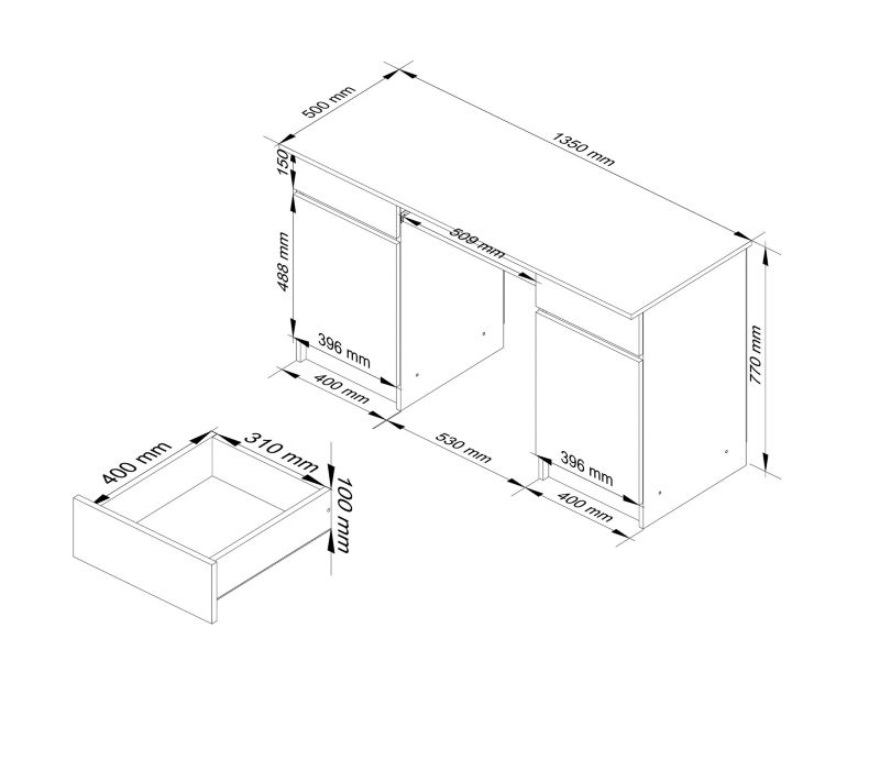 Akord A5 bílý počítačový stůl 135 cm 2 dvířka 2 zásuvky matná bílá barva 5 polic 135x50x77 cm 1 ks.