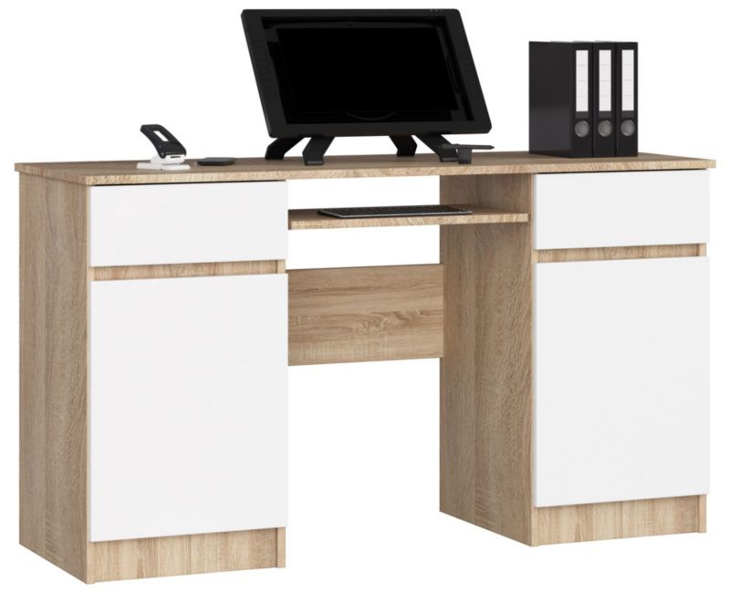 Biurko komputerowe Akord A5 Dąb Sonoma 135 cm 2 drzwi 2 szuflady kolor Biały mat 5 półek 135x50x77 cm 1 szt.