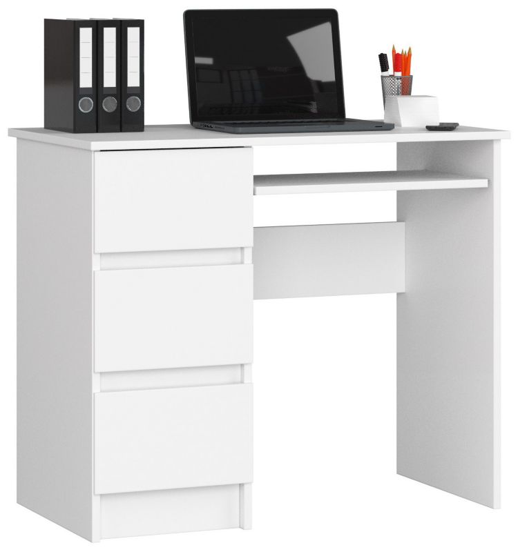 Počítačový stůl Akord A6 bílý, 90 cm, levý, 3 zásuvky, matná bílá, 1 police, 90x50x77 cm, 1 ks.