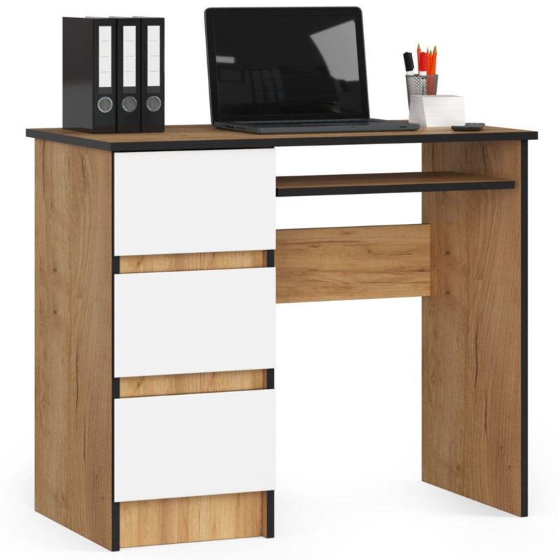 Biurko komputerowe Akord A6 Dąb Craft 90 cm lewe 3 szuflady kolor Biały mat 1 półka 90x50x77 cm 1 szt.