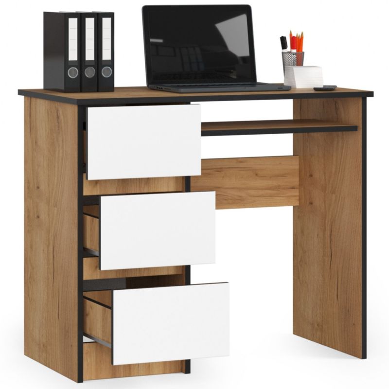 Biurko komputerowe Akord A6 Dąb Craft 90 cm lewe 3 szuflady kolor Biały mat 1 półka 90x50x77 cm 1 szt.