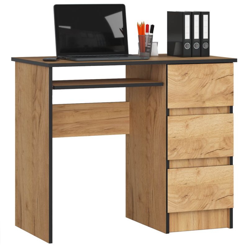 Biurko komputerowe Akord A6 Dąb Craft 90 cm prawe 3 szuflady kolor Dąb Craft mat 1 półka 90x50x77 cm 1 szt.