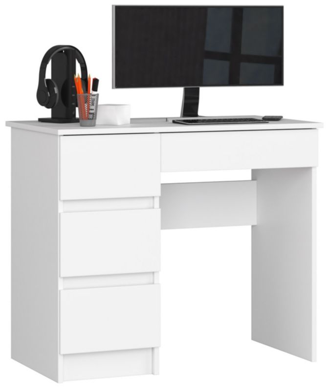 Počítačový stůl Akord A7, bílý, 90 cm, levý, 4 zásuvky, matná bílá barva, 90x50x77 cm, 1 ks.