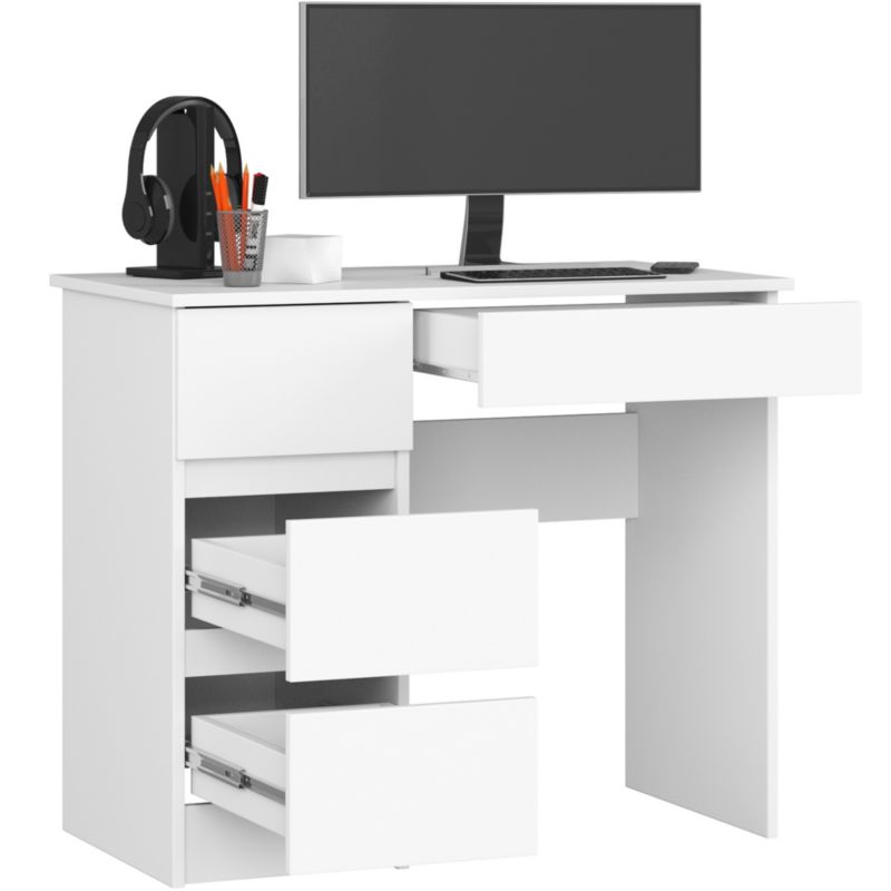 Biurko komputerowe Akord A7 Białe 90 cm lewe 4 szuflady kolor Biały mat 90x50x77 cm 1 szt.