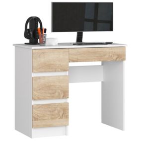 Biurko komputerowe Akord A7 Białe 90 cm lewe 4 szuflady kolor Dąb Sonoma mat 90x50x77 cm 1 szt.