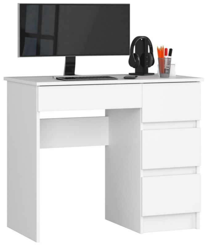 Počítačový stůl Akord A7, bílý, 90 cm, pravý, 4 zásuvky, matná bílá barva, 90x50x77 cm, 1 ks.
